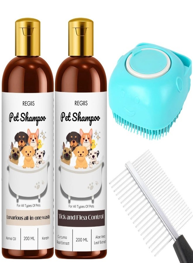 Regiis Pet Shampoo Set with Tick and Flea Control, Luxurious All-in-One Wash for Dogs, 200ml, with Pet Bath Brush, Natural Ingredients(Pack of 4) - Image 1